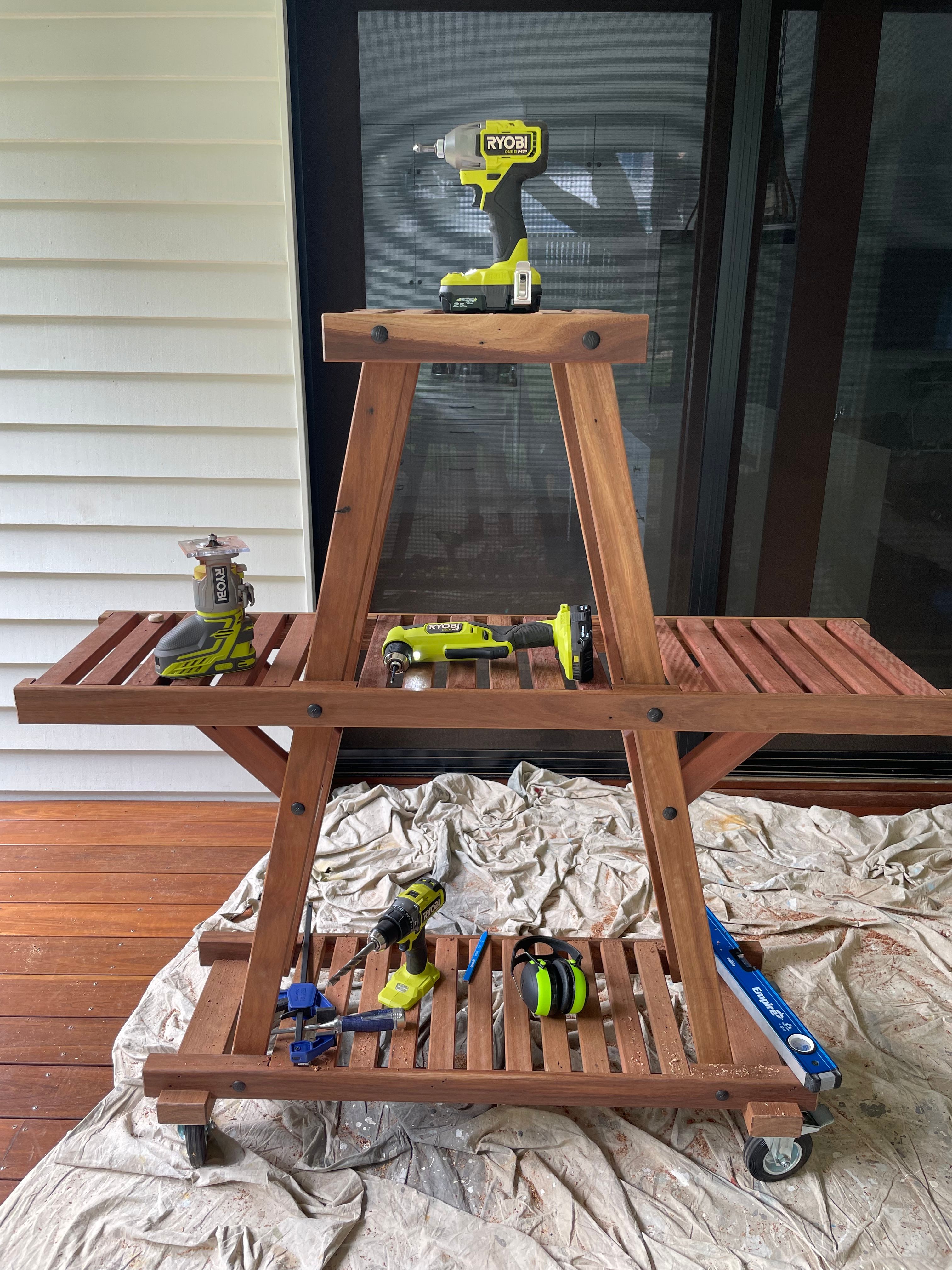 We built our first ever piece of furniture as a gift for my in-laws for all the help they’ve given to help renovate our house. This is an outdoor plant stand made from +70yr Australian hardwood recovered from a few of the walls we removed from our house. To build we used: HP Drill Driver, HP Impact Driver, HP Right Angled Drill, Rebate Planer, Trim Router, Radio, HP Circular Saw and all powered by the HP battery range.