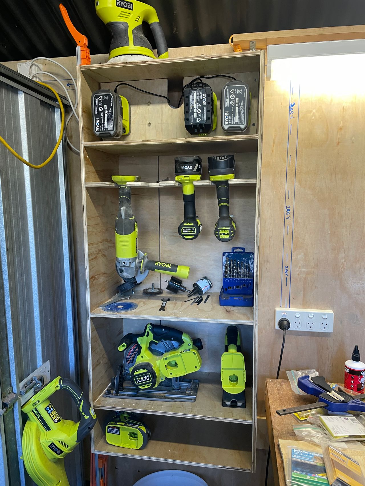 I use to keep all my tool in a bag and forever waste time finding them and accessories so i decided to make myself a storage shelf. It needed to be compact but also house the battery chargers. I started on Friday as it was a public holiday and spent a few hours each day working on the project, many changes to my plans were made along the way, my favourite is the mounted battery chargers so the batteries can be removed one handed. I will be moving house in 10 months so the shelf can be unscrewed and taken to my new home where there will be may projects to complete. Note: i have left room for new tools as you have to plan for the future. As a nurse i can say completing this project has been relaxing and a huge change from my day to day job.