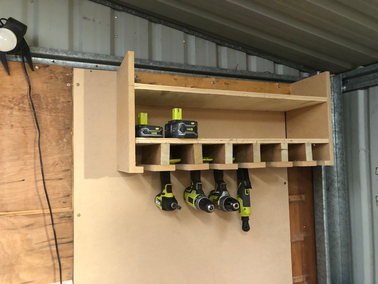 Ryobi shelf storage for my shed. Made from pallet timber and offcuts of MDF