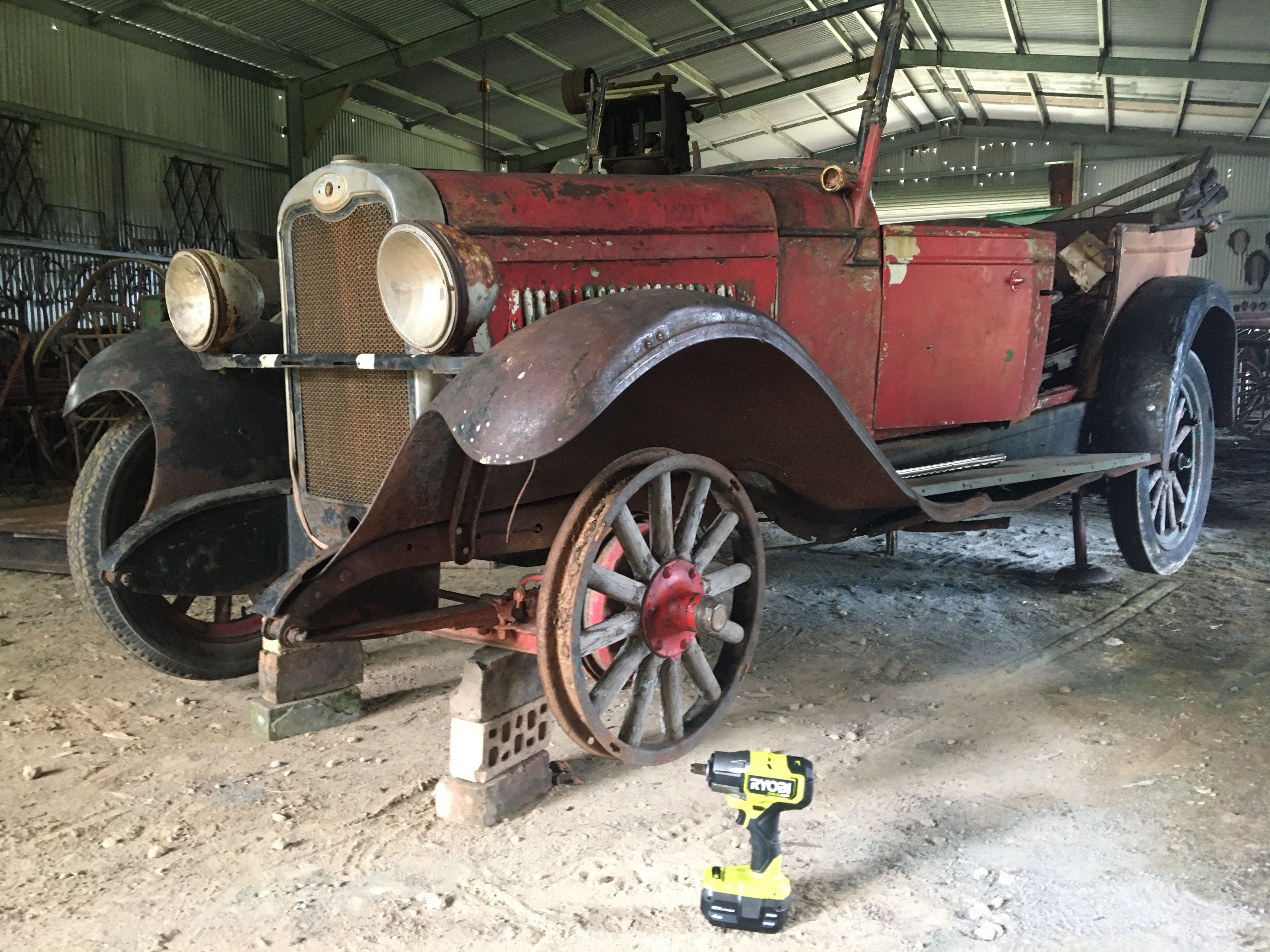 My 1928 Chev restoration project....first stop is changing tyres using my grunty Ryobi 1/2inch cordless rattler.....awesome when there’s no power in the shed!