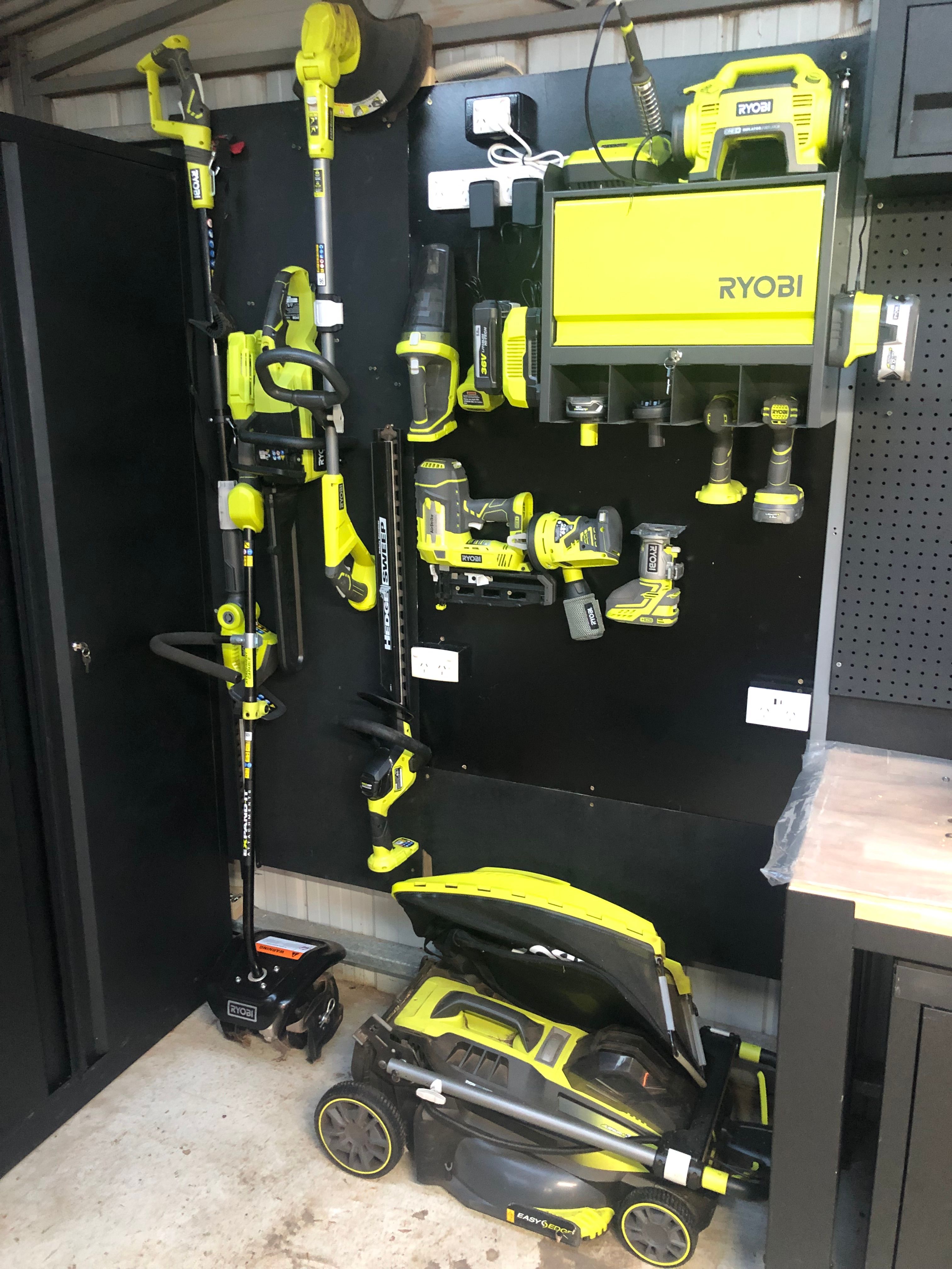 My long weekend project has been organising my Ryobi tools onto a tool board including Hanging Wall storage unit for drills/drivers and set up a charging station. Have recently added 36V tools to my 18V range with a new lawn mower, cultivator and chainsaw. which have made my gardening so much easier. Love using all my Ryobi products.