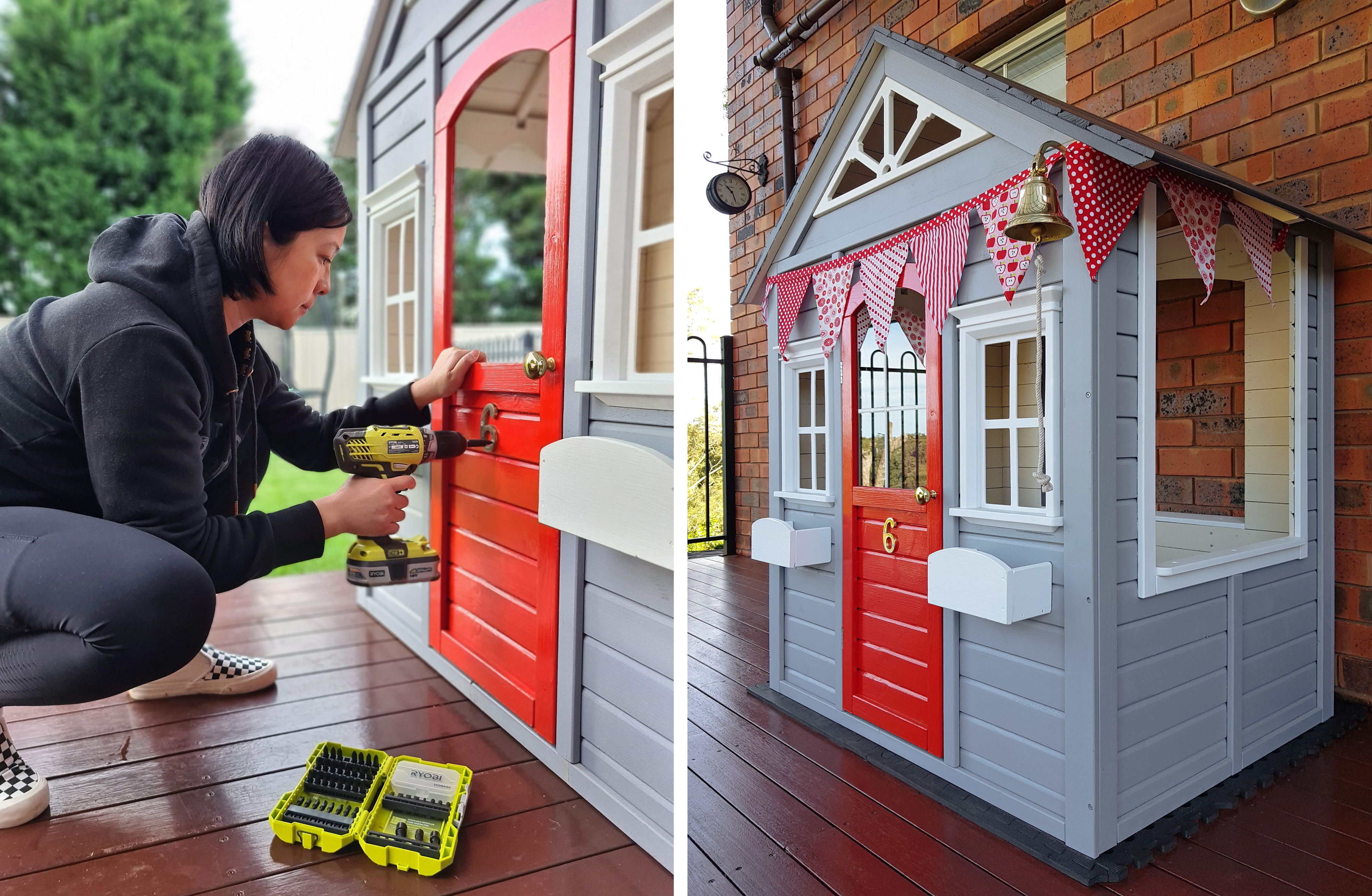 Salvaged from FB Marketplace, this old, weathered and word down KMART cubby house has been pressure cleaned, completely sanded and reinforced using my RYOBI tools, then painted and decorated in glorious Hamptons style to live another day, and provide many hours of backyard fun for our two small kids!