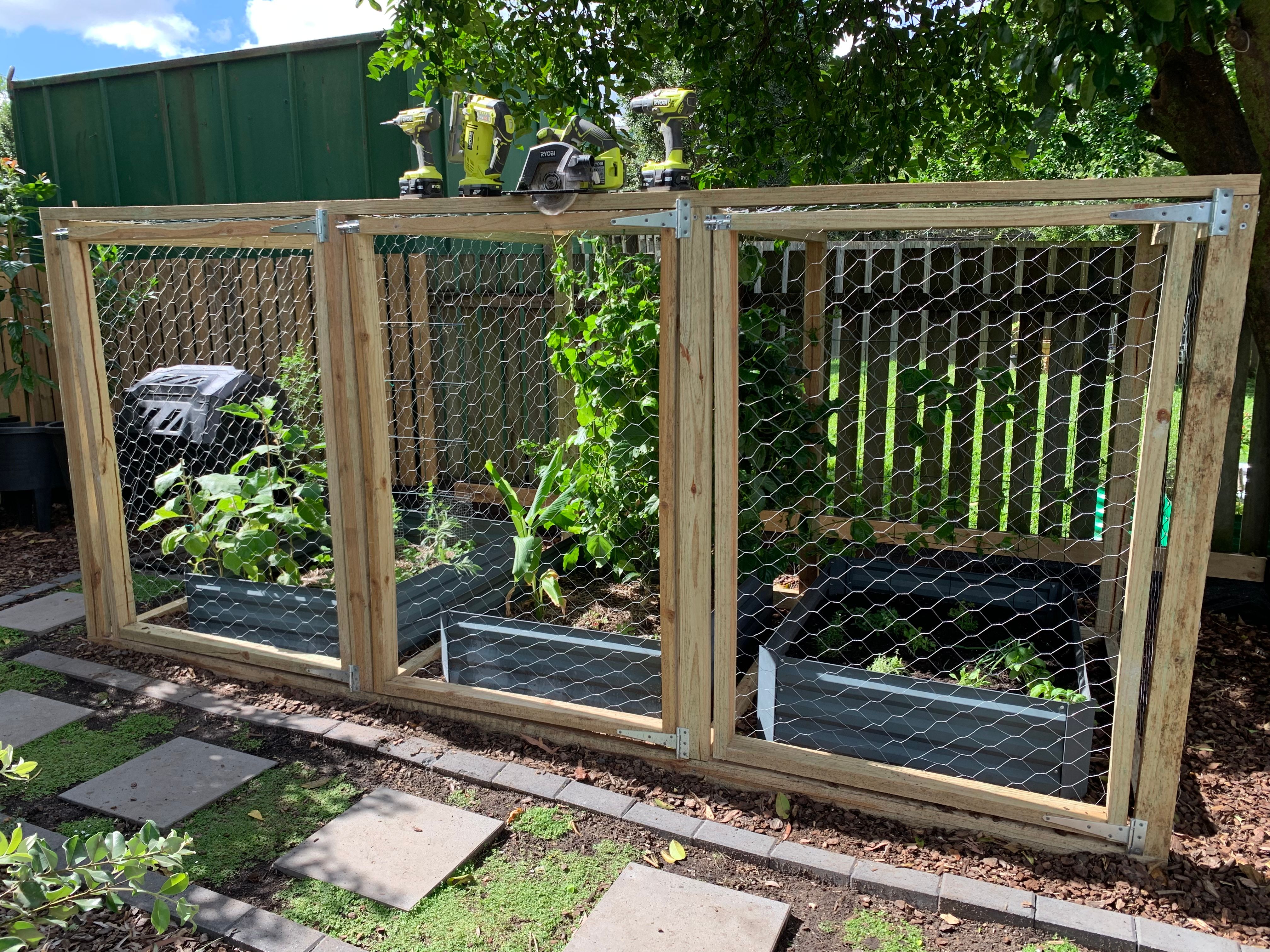 We have built a large enclosure to cover and protect our vege gardens (and to stop our puppy from taking up gardening as a hobby) using our reliable Ryobi impact driver, drill, circular saw and reciprocating saw.   Having battery operated tools allowed us to cut and build the structure right where it needed to be and not carry heavy objects into place.